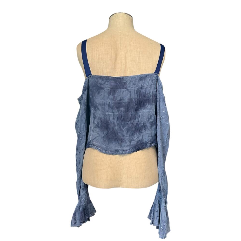 Vintage Boho Blue Lace Up Cropped Top Flared Sleeves One Size - Picture 2 of 13